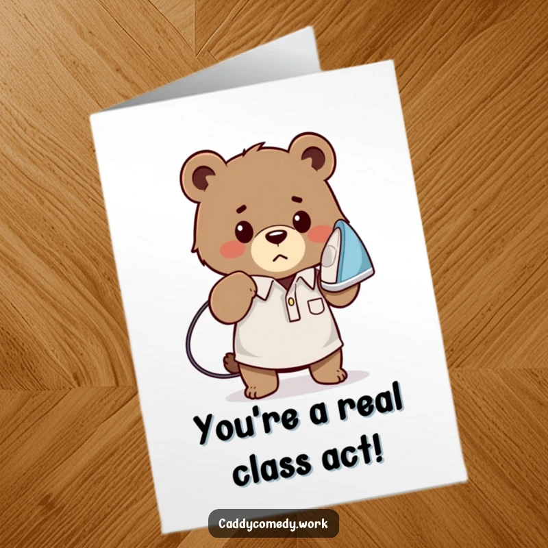 Funny Free Printable Congrats Card: A bear irons a golf shirt, celebrating a perfectly polished win.
