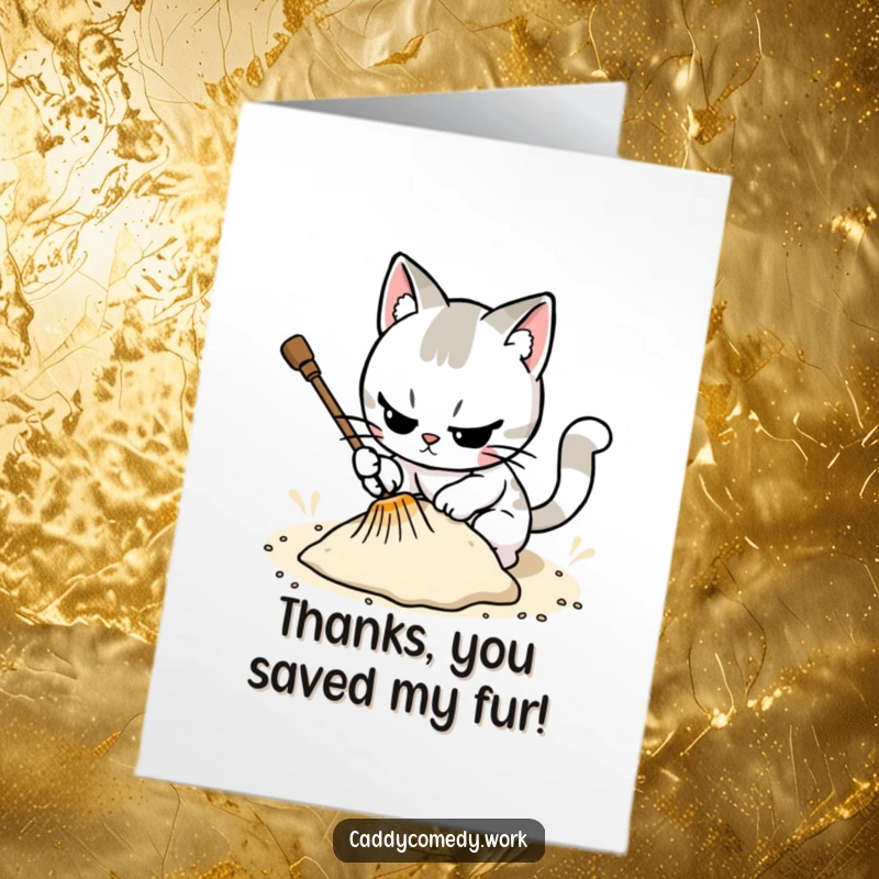 Funny Free Printable Thank You Card: Cat character meticulously raking a sand trap, showing thanks for golf.