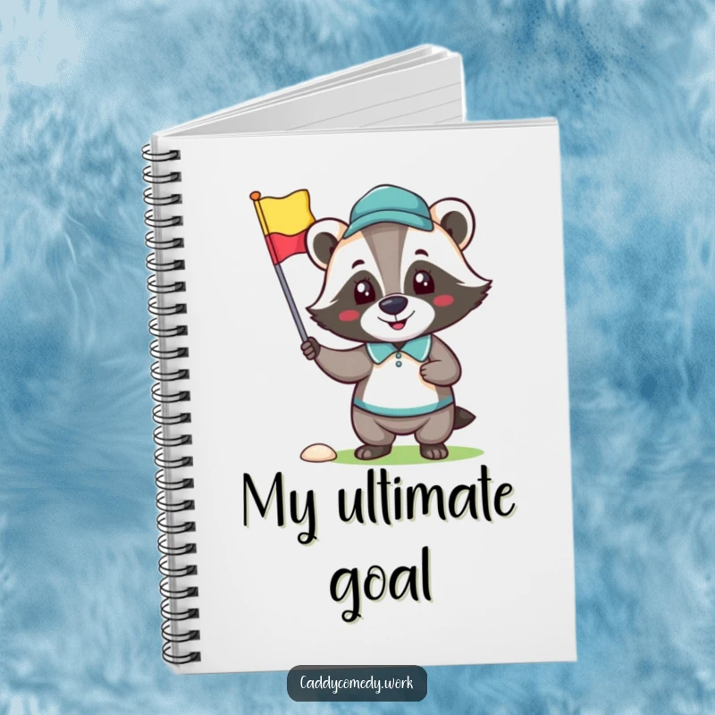 Funny notebook with a happy badger golfer character holding a golf flag, ideal for notes and ideas.