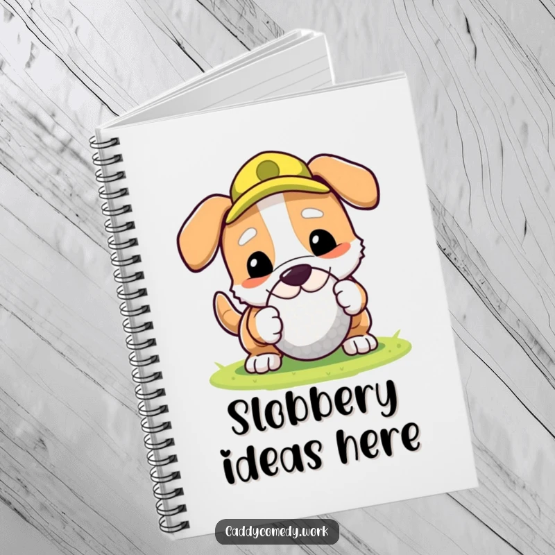 Funny dog golfer on a notebook cover, rolling a golf ball with its nose, a humorous way to take notes.