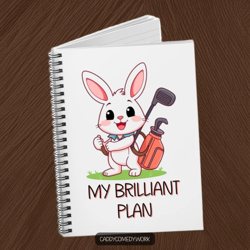 Funny rabbit golfer on a notebook cover, smiling and carrying a golf bag, a cheerful way to take notes.
