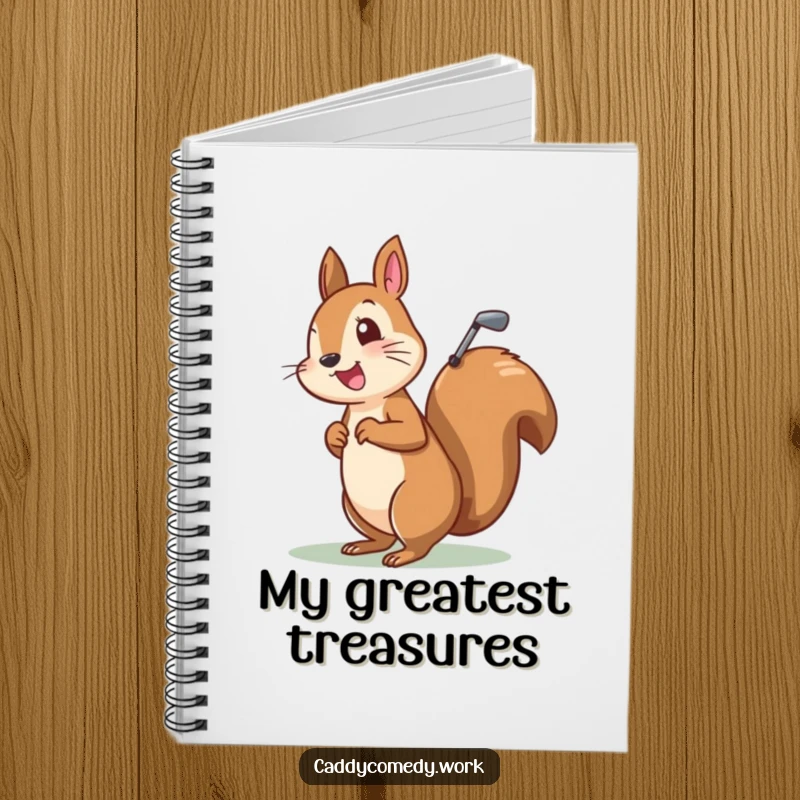 Funny notebook with a cheerful squirrel golfer character carrying its golf bag, perfect for jotting down ideas.