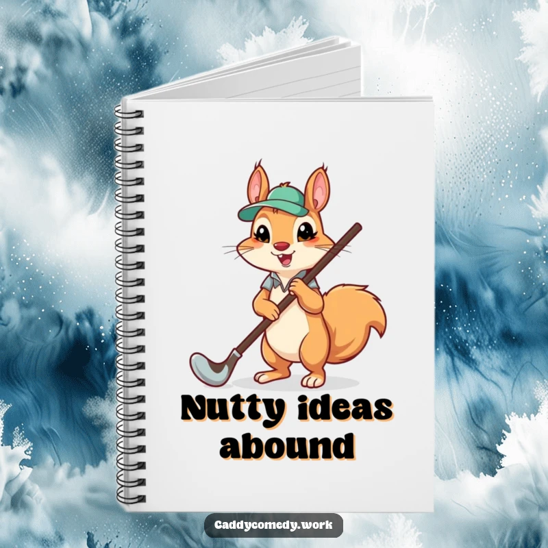 Funny squirrel caddying a golf club on a notebook cover, a humorous way to take notes for golfers.