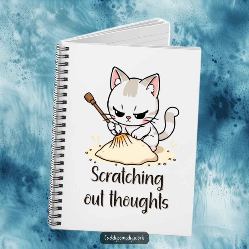 Funny cat golfer on a notebook cover, meticulously raking a sand trap, a focused way to take notes.