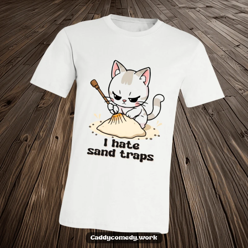 Funny cat golfer t-shirt, showing a cat meticulously raking a sand trap with precision and humor.