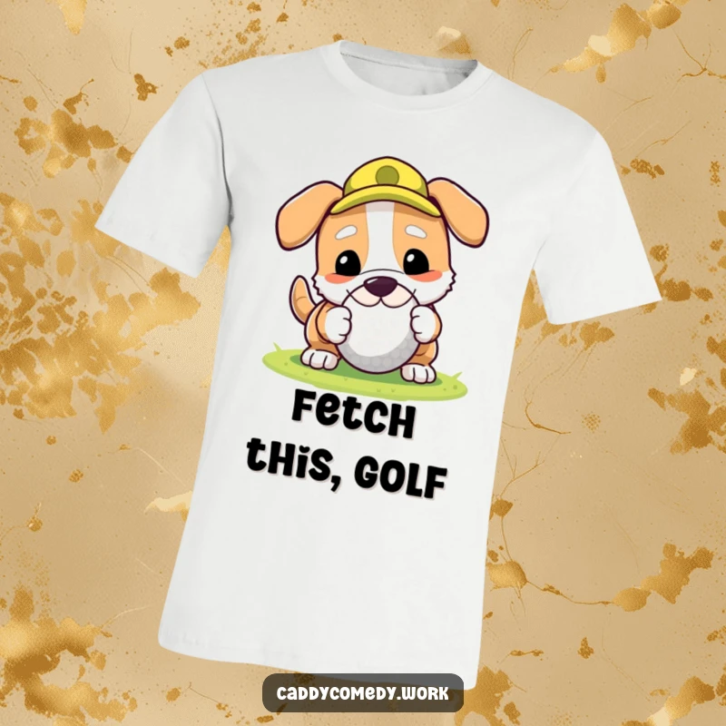 Funny dog golfer t-shirt design where a dog rolls a golf ball with its nose, showing playful antics.