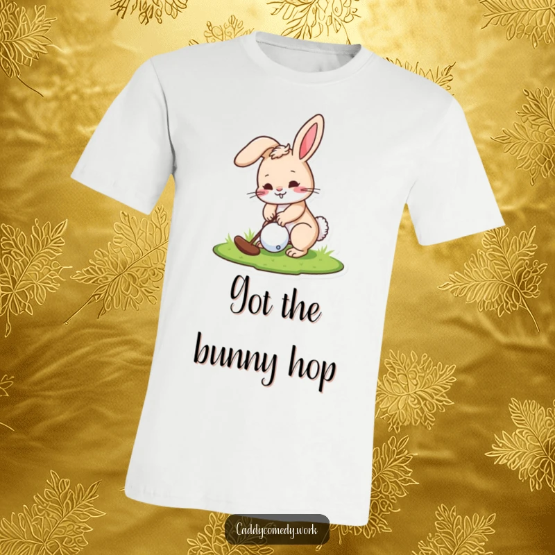 Funny t-shirt with a playful rabbit character concentrating on putting a golf ball on the green.