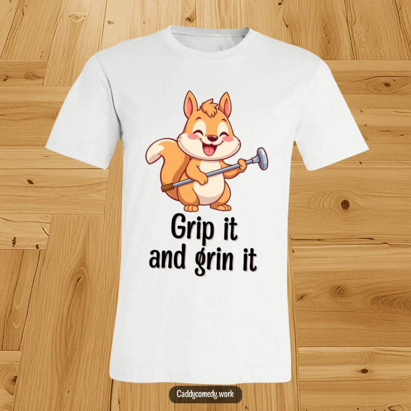 Funny squirrel golfer t-shirt showing a happy, stylized squirrel holding a golf club, ready to play, a great humorous gift.