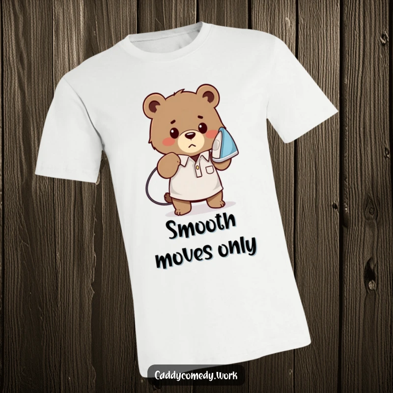 Funny bear golfer t-shirt with a determined bear ironing a golf shirt, ideal for humor lovers, a funny gift.