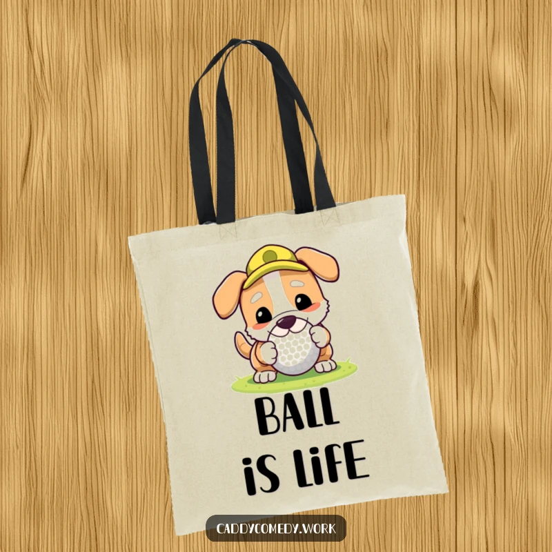 Funny tote bag featuring a dog character rolling a golf ball with its nose, perfect for carrying items humorously.