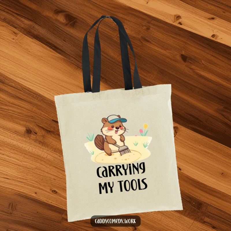 Funny tote bag with a diligent beaver character focused on raking a sand trap, perfect for carrying golf gear.
