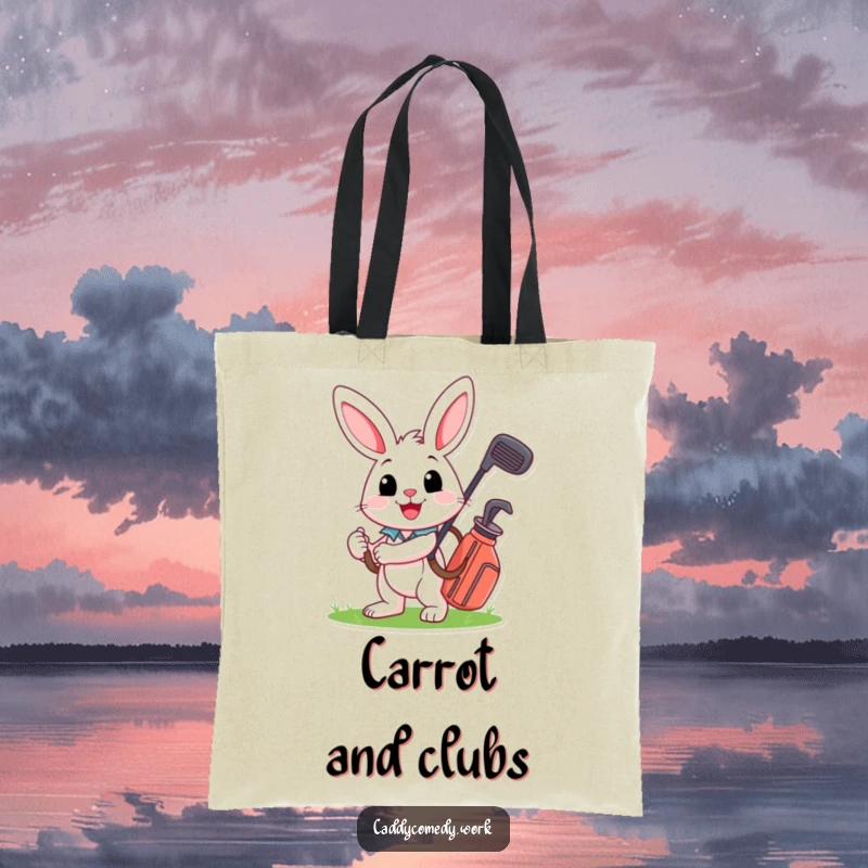 Funny tote bag featuring a smiling rabbit carrying a golf bag, perfect for carrying golf essentials with cheer.