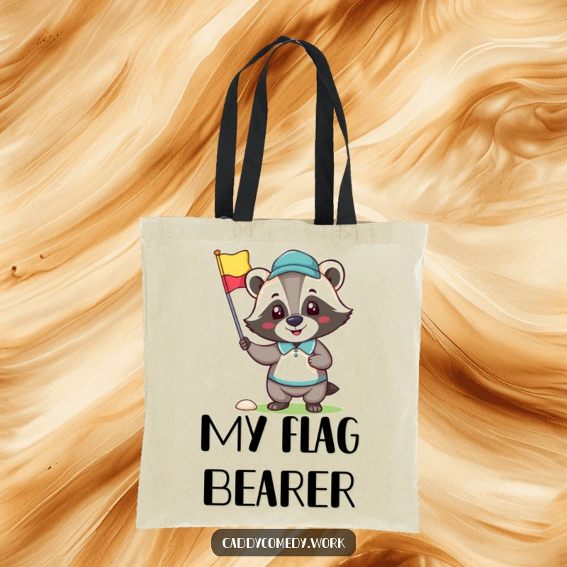 Funny tote bag with a happy badger character holding a golf flag, perfect for carrying golf essentials.