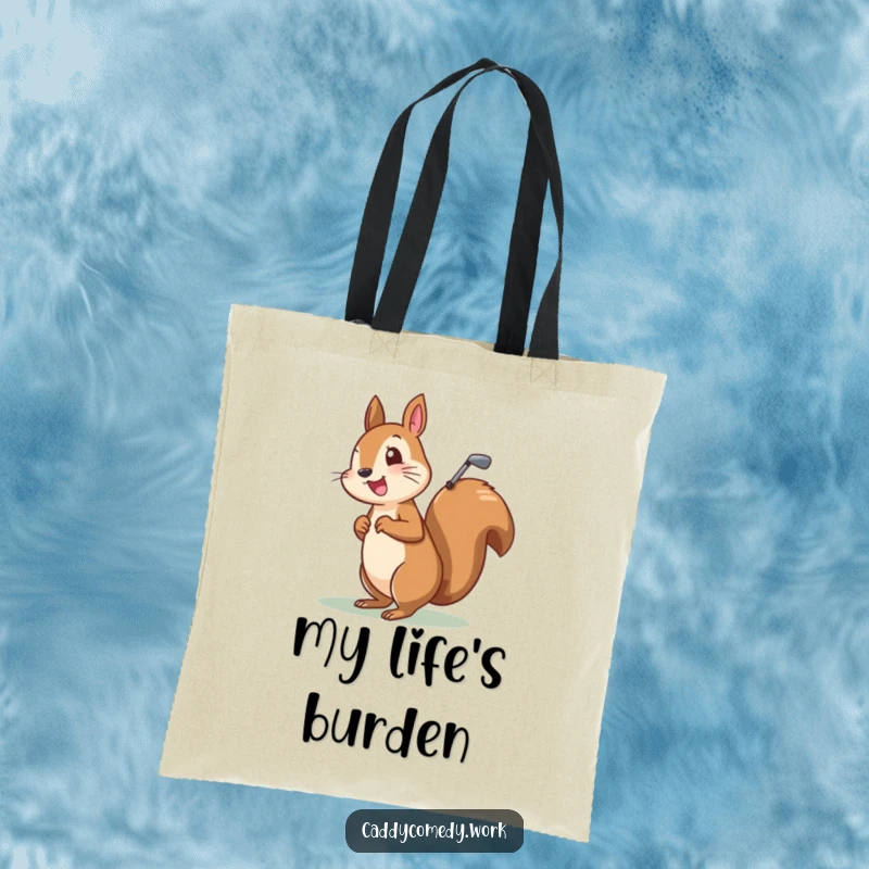 Funny tote bag with a cheerful squirrel character on its way to play golf, carrying a loaded golf bag.