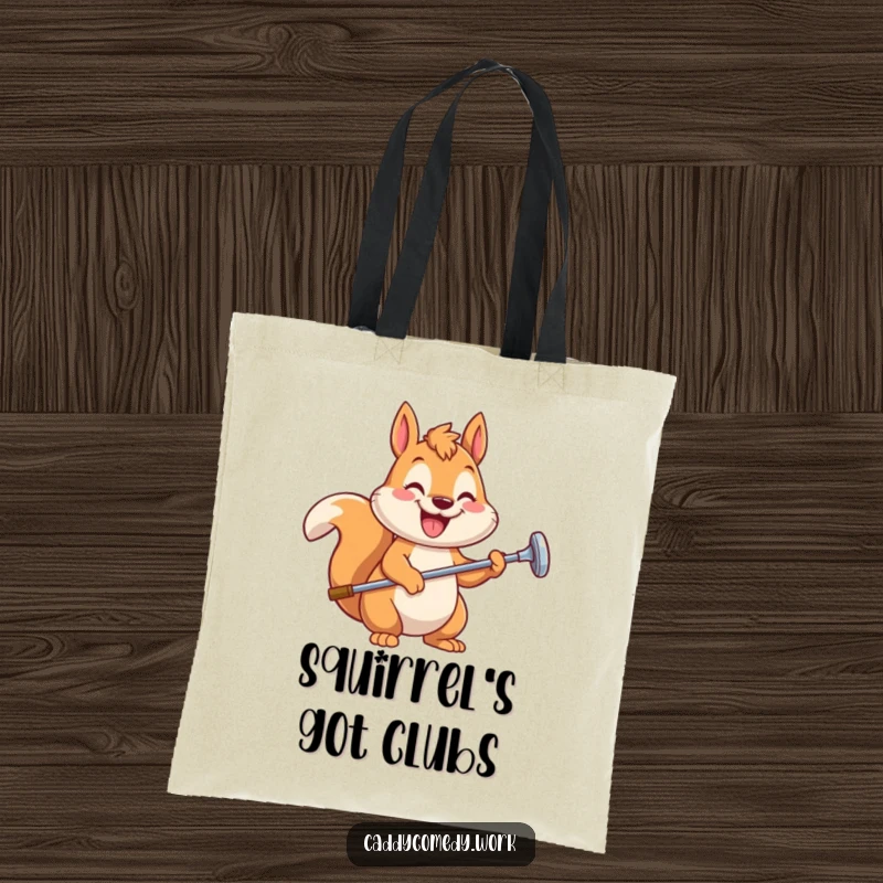 Funny squirrel golfer tote bag depicting a happy squirrel ready to golf, a practical and humorous item, a funny gift.